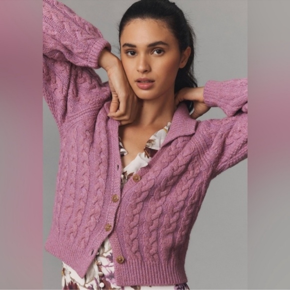 Anthropologie Maeve Lavender Purple Hourglass Cable Knot Collared Cardigan XL